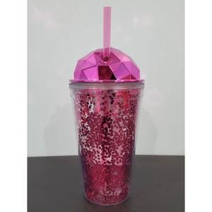Glittery pink tumbler with straw 16.2 oz